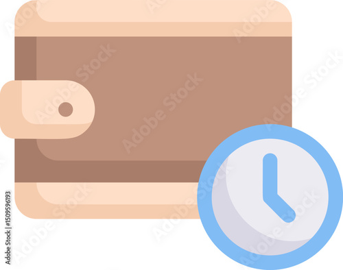 Brown wallet with blue clock indicates time management for personal finance and budgeting on white, symbolizing financial planning and responsibility.