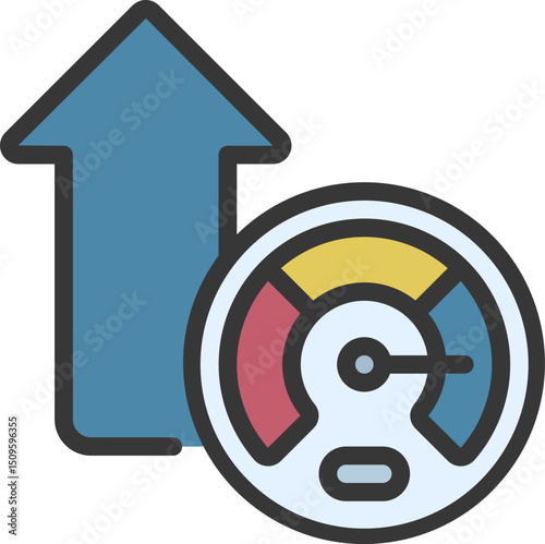 Arrow pointing upwards next to speedometer showing increased performance, depicting growth and progress in a modern, minimalist style.