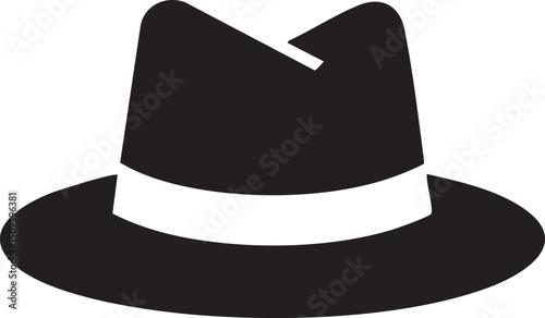 stylized black fedora with a white ribbon sits against a plain background.