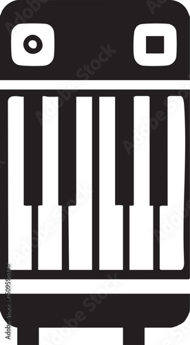 stylized monochrome depicts a digital piano with rounded edges and prominent eye and square .