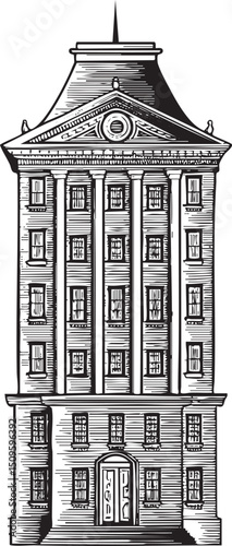 tall ornate building features a central tower and multiple windows.