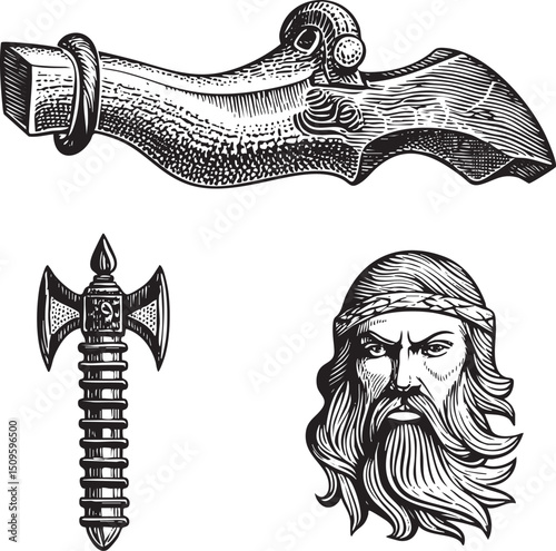 weathered metal tool rests alongside a stylized and a bearded figure’s head.