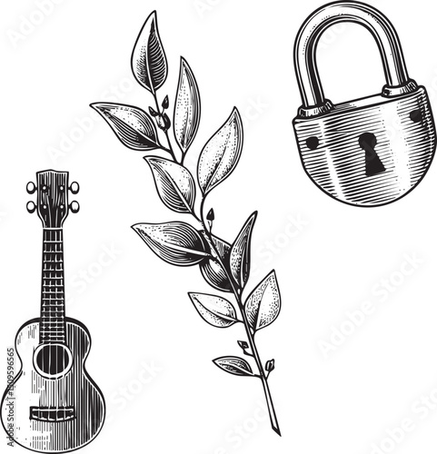 ukulele a lock and lush foliage create an intriguing composition.