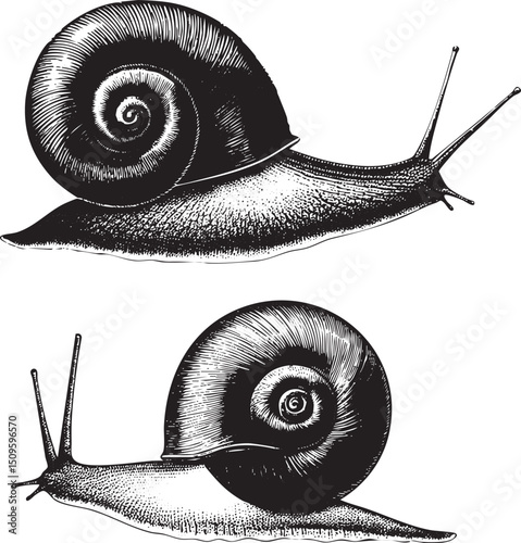 black snail slowly crawls across a white surface.