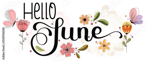 Hello June. JUNE month vector with flowers, buttrfly and leaves. Decoration floral. Illustration month June