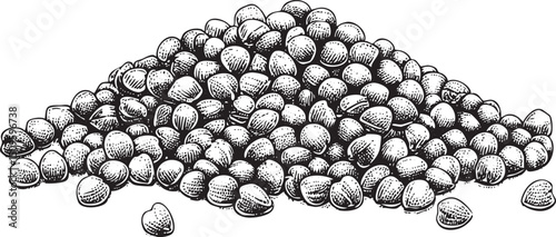 large pile of dark brown seeds rests on a white surface.