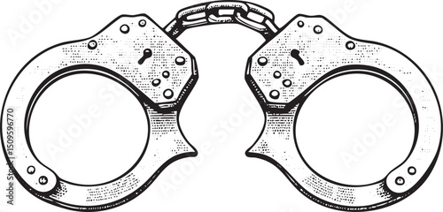 Black handcuffs are displayed against a white background.