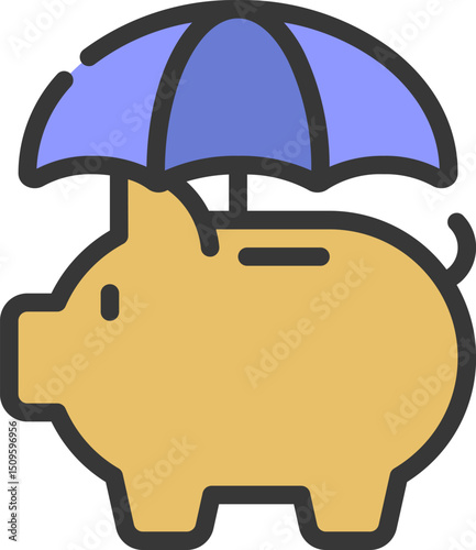 Piggy bank stands protected under blue umbrella, symbolizing financial security and savings growth with peace of mind.