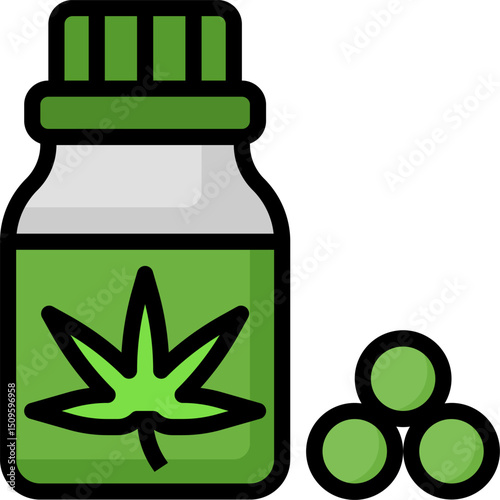 Cannabis pills and bottle sit on white surface, representing alternative medicine and holistic wellness with natural elements.