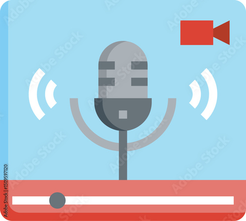 Microphone broadcasting live stream on digital platform for online communication and content creation, showcasing modern technology and connectivity.