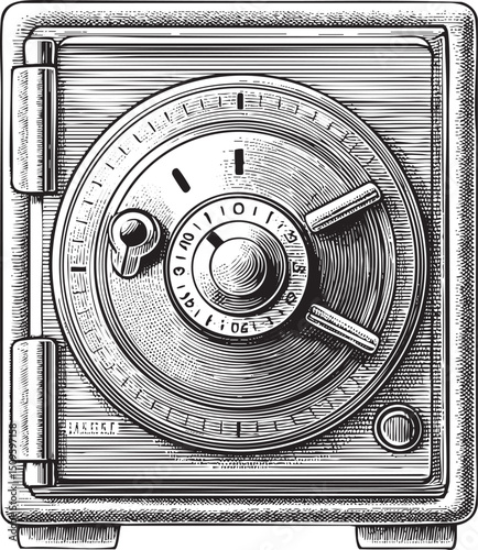 detailed engraving depicts a sturdy metal safe with intricate locking mechanisms.