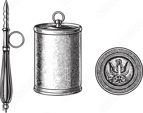 silver canister and a circular emblem with heraldic imagery.