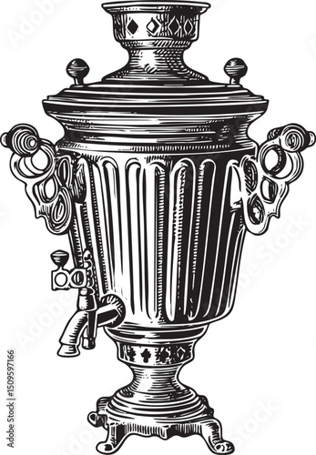 detailed black and white of a vintage samovar.