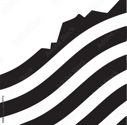 Black and white stylized waves cascade across a bright background.