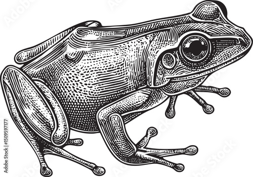 detailed black and white depicts a frog poised on a textured surface.