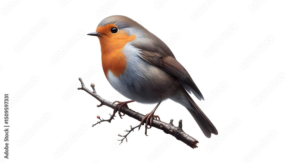 Fototapeta premium Sharp and realistic depiction of a robin sitting on a simple twig against a plain white backdrop with balanced natural composition
