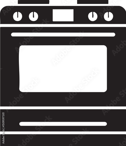 simple black oven stands with a rectangular door and control knobs.