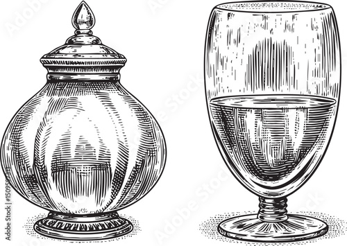 ceramic jar and a crystalline goblet rest on a decorative pedestal.