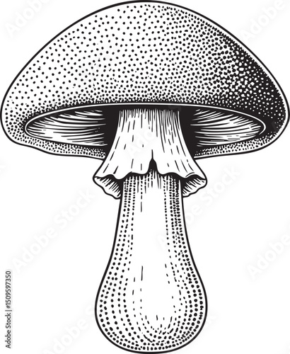 detailed black and white depicts a large mushroom with a textured cap and stem.