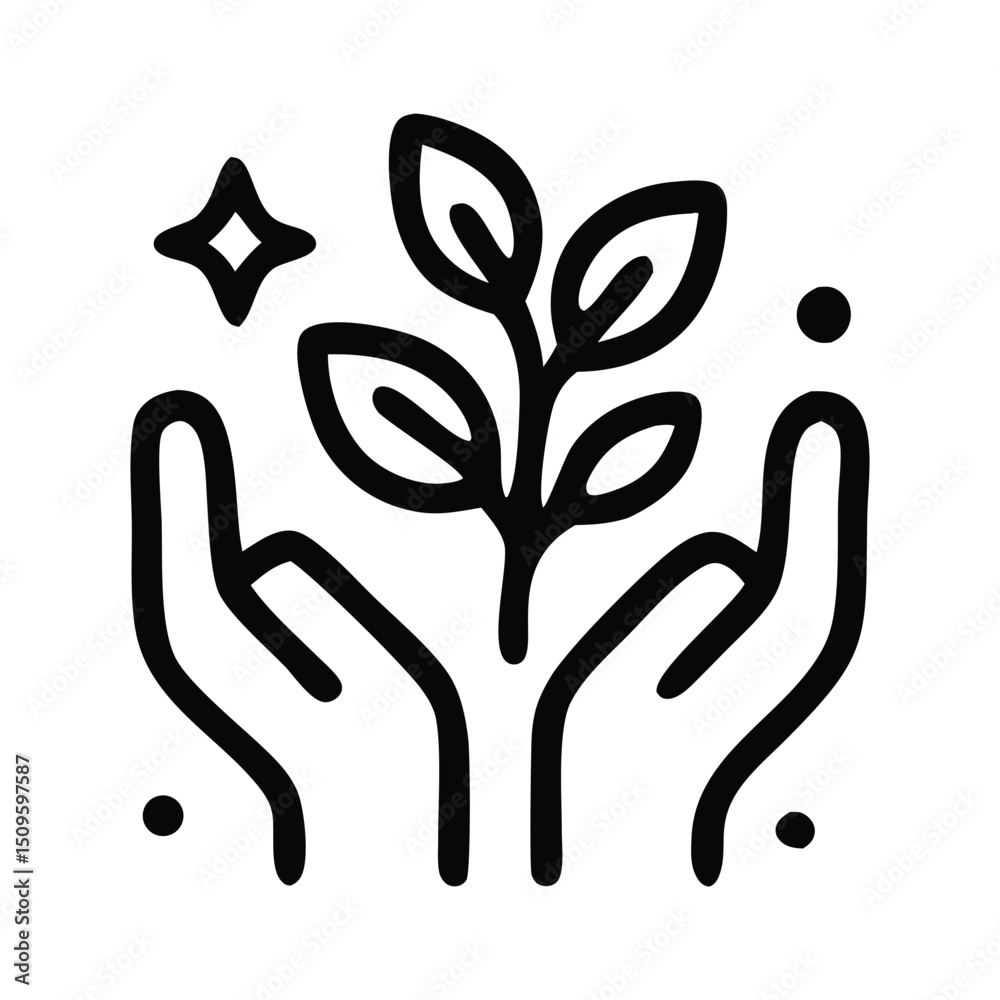 Obraz premium Two hands cradling a small plant with leaves and a star above it, perfect for nature preservation, ecofriendly and commemorate world environment day.