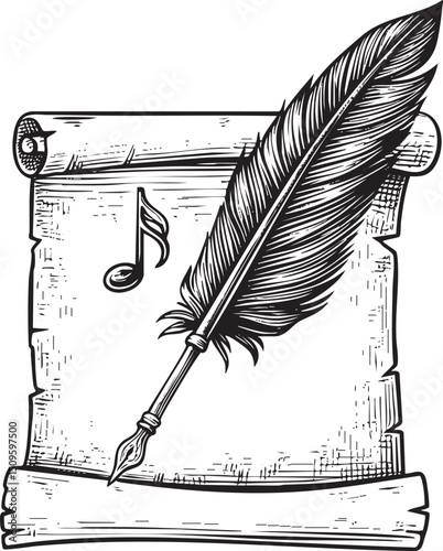 quill pen rests upon a rolled parchment scroll adorned with a musical note.