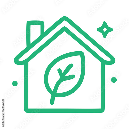 Green outline of a house with a leaf inside, ideal for commemorate world environtme day, ecofriendly real estate businesses, environmental organizations, or naturethemed designs.