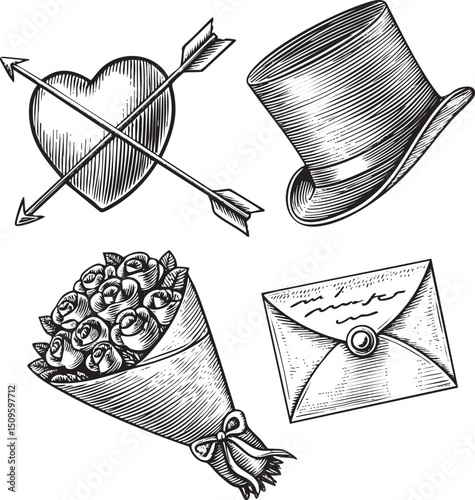 black and white features a heart pierced by an arrow a top hat roses in a bouquet and a sealed letter.