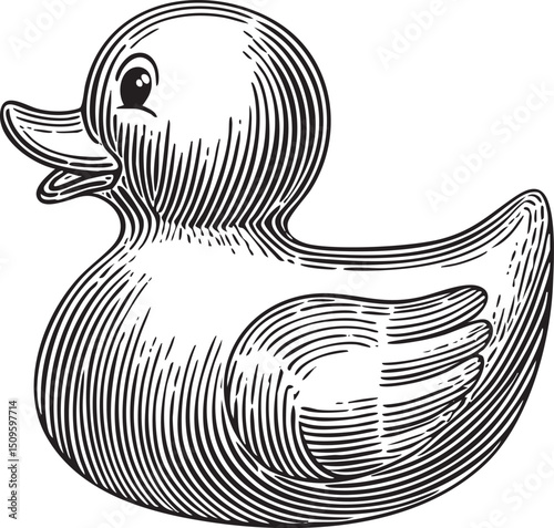 detailed black and white of a cheerful rubber duck.