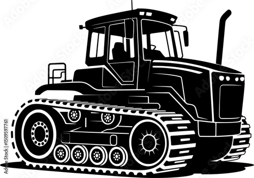 Bold black silhouette of a heavy-duty crawler tractor with tracks, ideal for construction logos, industrial designs, and machinery artwork