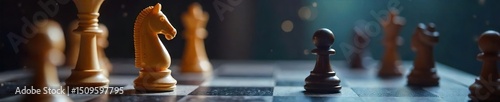 A chess knight piece stands on a chessboard, surrounded by other pieces, suggesting strategic planning and calculated moves in a game or a broader context , move, consideration
