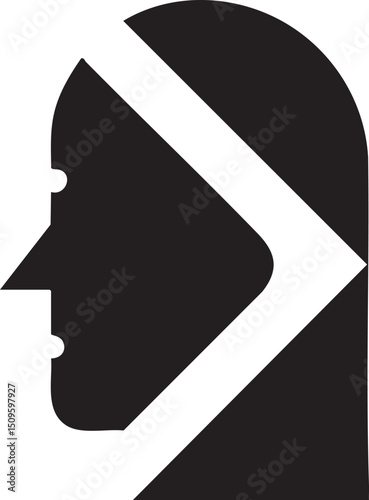 white silhouette of a person’s head is sharply angled into a directional arrow.