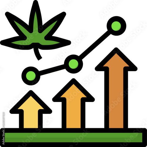 Cannabis industry shows growth with rising arrows and leaf symbol on a chart, indicating financial success and market expansion in a modern business context.
