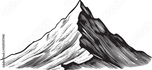 stark black and white mountain peak rises dramatically against a clear sky.