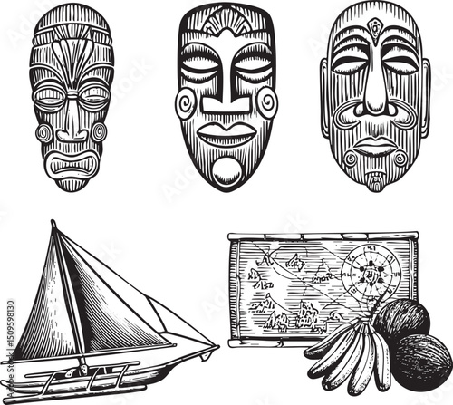 Three tribal masks and a sailing ship with nautical instruments.