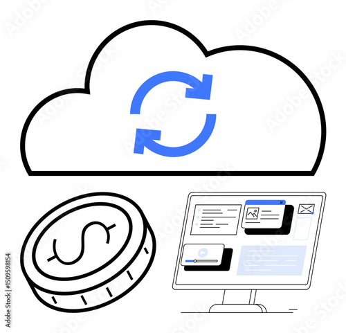 Cloud with sync icon, a dollar coin symbolizing finances, and a desktop screen showing digital tools. Ideal for cloud computing, fintech, finance, data sync, technology, online banking digital