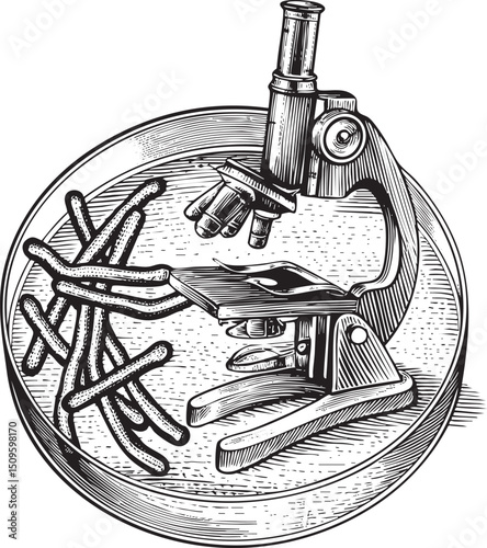 vintage microscope examines a collection of slender curved rods.