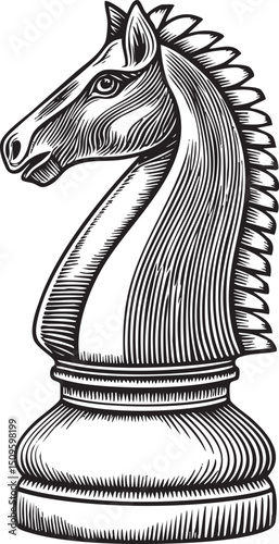 detailed black and white of a horse head on a chess piece.