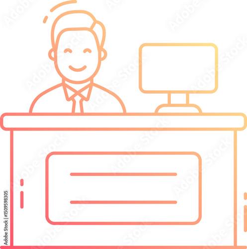 Smiling employee sits at reception desk in modern office providing assistance and creating a welcoming atmosphere for visitors and clients.