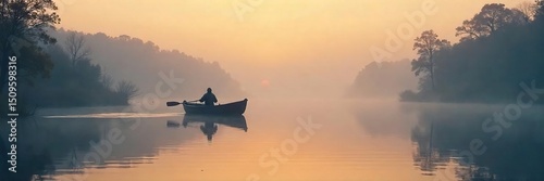 A lone boat navigates a calm, misty river at dawn, the oars gently dipping into the still water; a serene yet evocative scene of quiet hunting on the water , adventure, mist