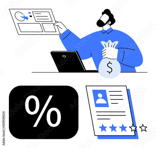 Person analyzing data, holding money bag near laptop. Percentage icon and review document. Ideal for finance, investment, banking, data management, consulting career assessment productivity. Flat