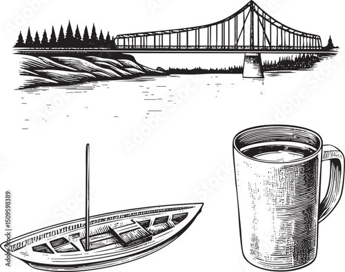 small wooden boat rests beside a steaming mug on a table with a distant bridge and forested shoreline in the background.