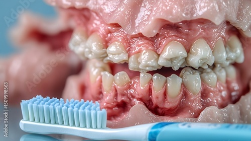 Detailed shot of inflamed gums showcasing gingivitis symptoms with a toothbrush and toothpaste in the foreground emphasizing oral hygiene