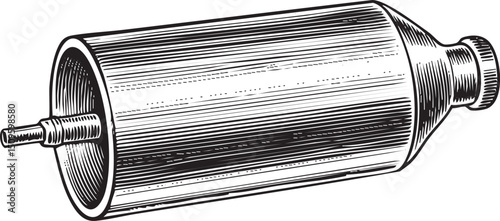 cylindrical metal object with a protruding nozzle.
