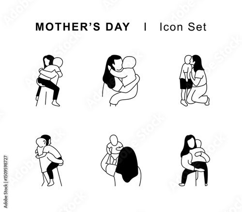 Mother's day icon set. Mom hugs her children.