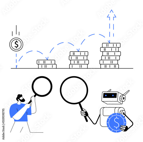 Coins stacked in increasing order with an upward arrow tracked by a man and robot using magnifying glasses. Ideal for finance, AI, investment analysis, collaboration, growth, innovation, flat simple