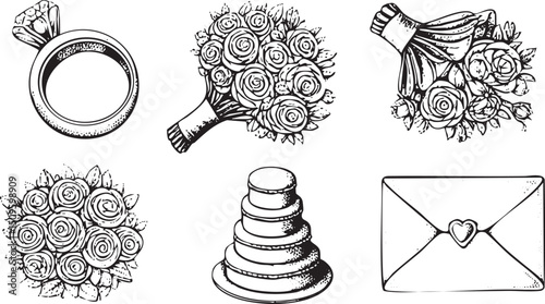 collection of wedding-related elements in black and white.