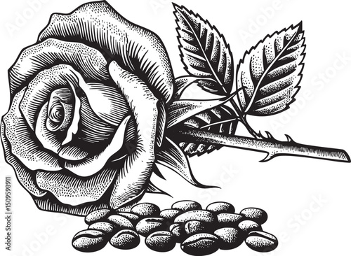 detailed black and white showcases a rose with leaves resting on a bed of coffee beans.