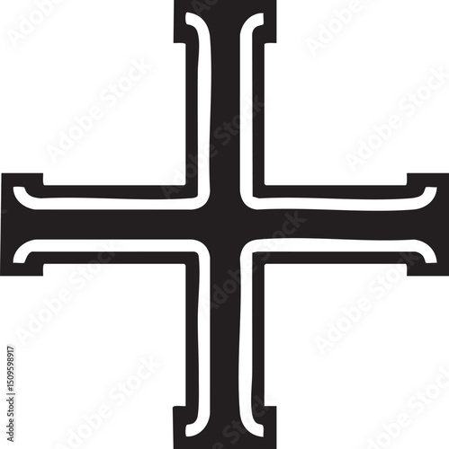 stark black and white cross symbol is displayed prominently.