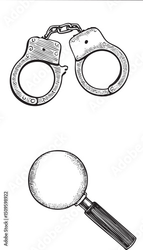 Two handcuffs and a magnifying glass are displayed on a white background.