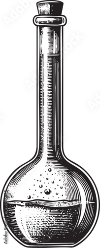 vintage glass laboratory flask with a cork stopper holds a cloudy liquid.